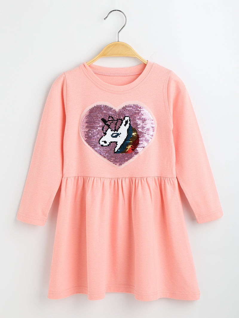 Toddler Kids Girl Solid Color Love Unicorn Bead Round Neck Long Sleeve Dress - PrettyKid