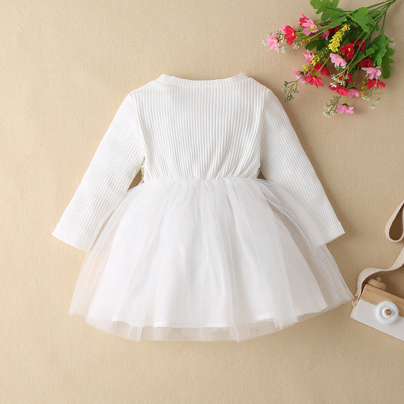 Baby Girls Spring and Autumn Floral Embroidered White Mesh Dress - PrettyKid
