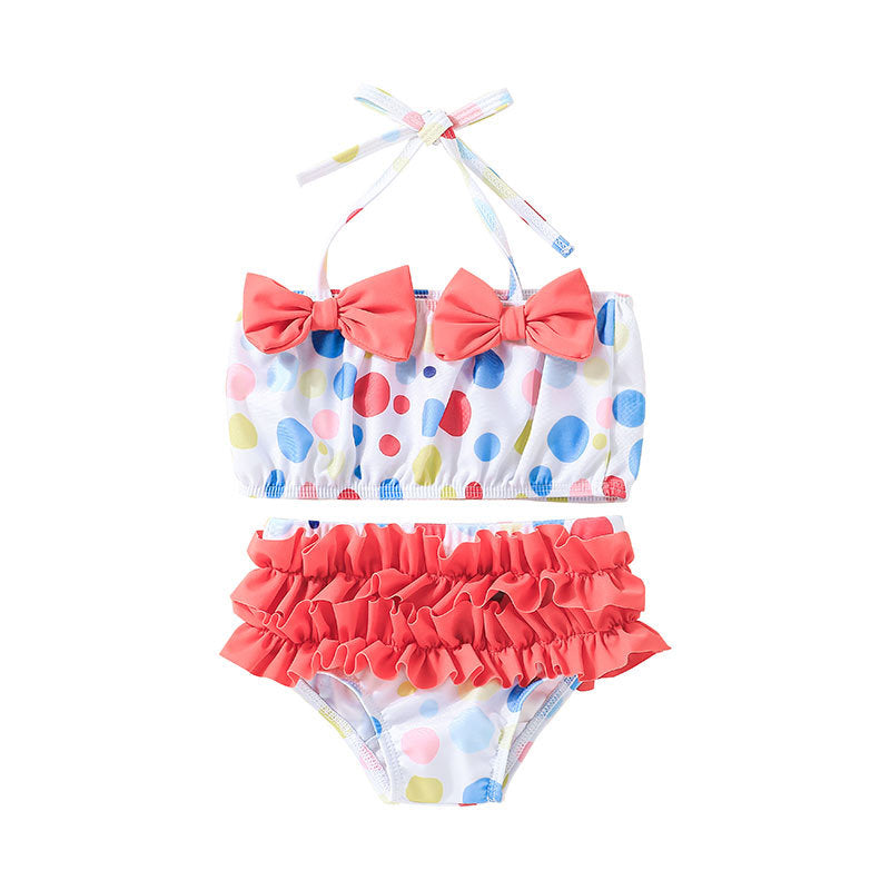 Toddler Kids Girls Solid Wave Dot Print Bow Top Split Swimsuit Set - PrettyKid