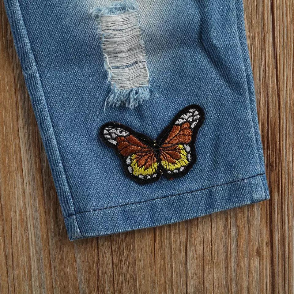 Toddler kids girls' off-the-shoulder lace hollow top with butterfly embroidered jeans set - PrettyKid