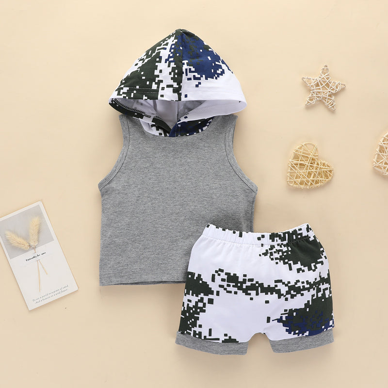 Toddler Boys Solid Cotton Hooded Sleeveless Vest Camouflage Printed Shorts Set - PrettyKid