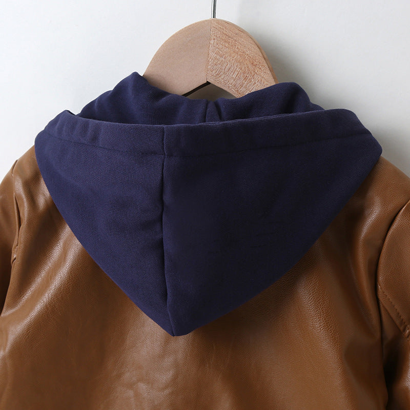 Kids Boys' Solid Long Sleeve Hooded Leather Jacket - PrettyKid