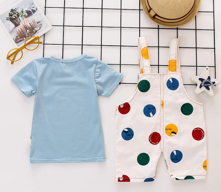 Toddler Boys Girl Solid Color Cartoon Embroidered T-Shirt Top Cartoon Printed Suspender Shorts Set - PrettyKid