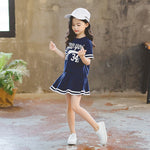 Girls Summer Solid Color Cartoon Letter Printed Short Sleeve Top Pleated Skirt Set - PrettyKid