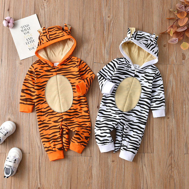 Baby Boys Girls Cartoon Tiger Shape Embroidered Cute Hooded Jumpsuit - PrettyKid