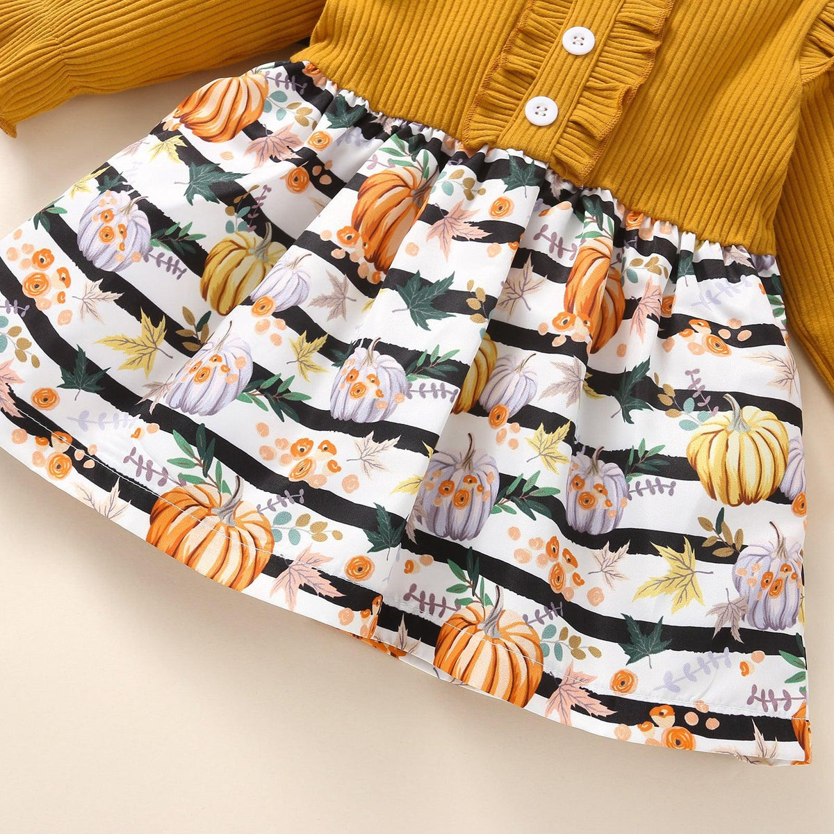 Toddler Kids Girls Solid Color Knit Stitching Cute Pumpkin Striped Print Dress - PrettyKid