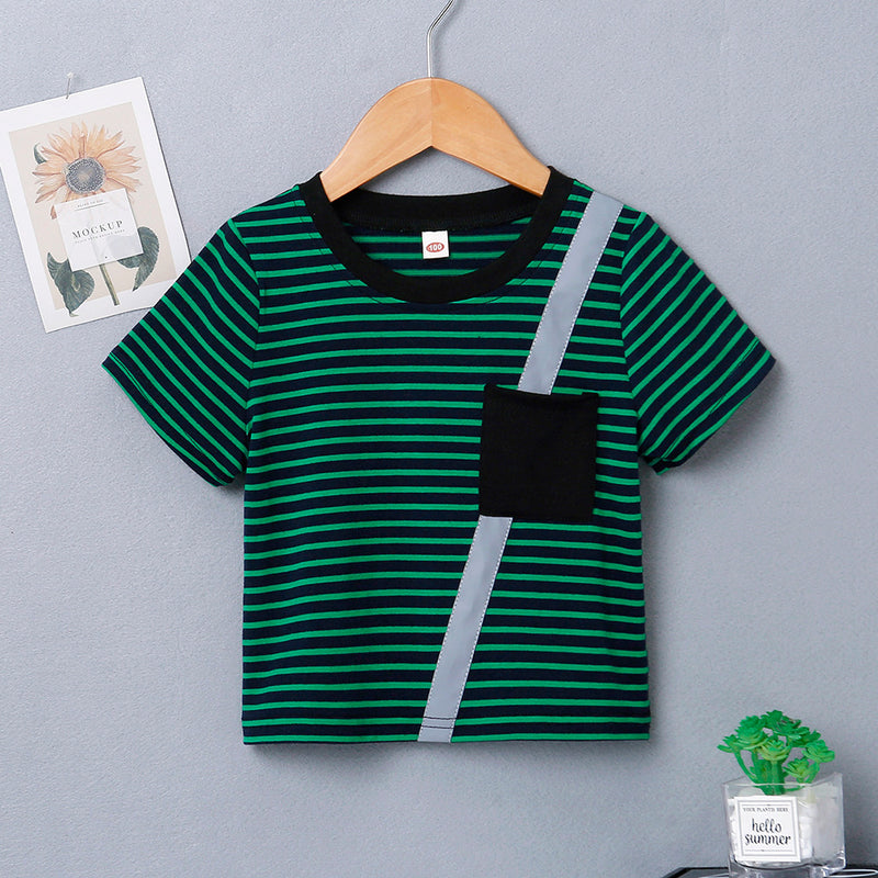Toddler Kids Boys Green Striped Short Sleeve T-shirt and Shorts Set - PrettyKid