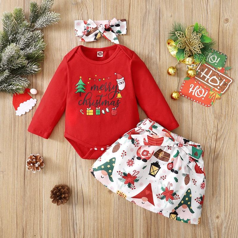 Baby Girls Christmas Printed Long Sleeved Jumpsuit Short Skirt Scarf Set - PrettyKid