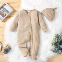 Baby Boys Girls Zipper Long Sleeve Foot Wrap One-piece Suit Hat Set - PrettyKid