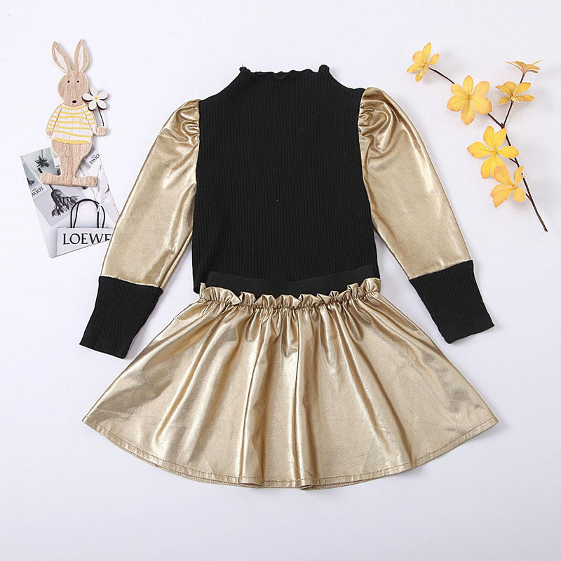 Girls' Color Blocking Elastic Top Pleated PU Leather Skirt - PrettyKid