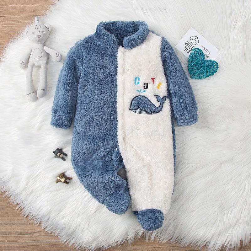 Baby Boys Cute Whale Embroidery Thickened Long-sleeved Solid Color Thickened Jumpsuit - PrettyKid