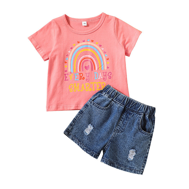 Toddler Kids Girl Solid Color Cartoon Letters Rainbow Print T-shirt Shirt Denim Shorts Set - PrettyKid