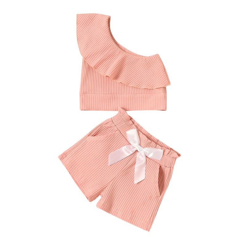 Toddler Kids Girls' Solid Color Single Shoulder Knitted Shorts Set - PrettyKid
