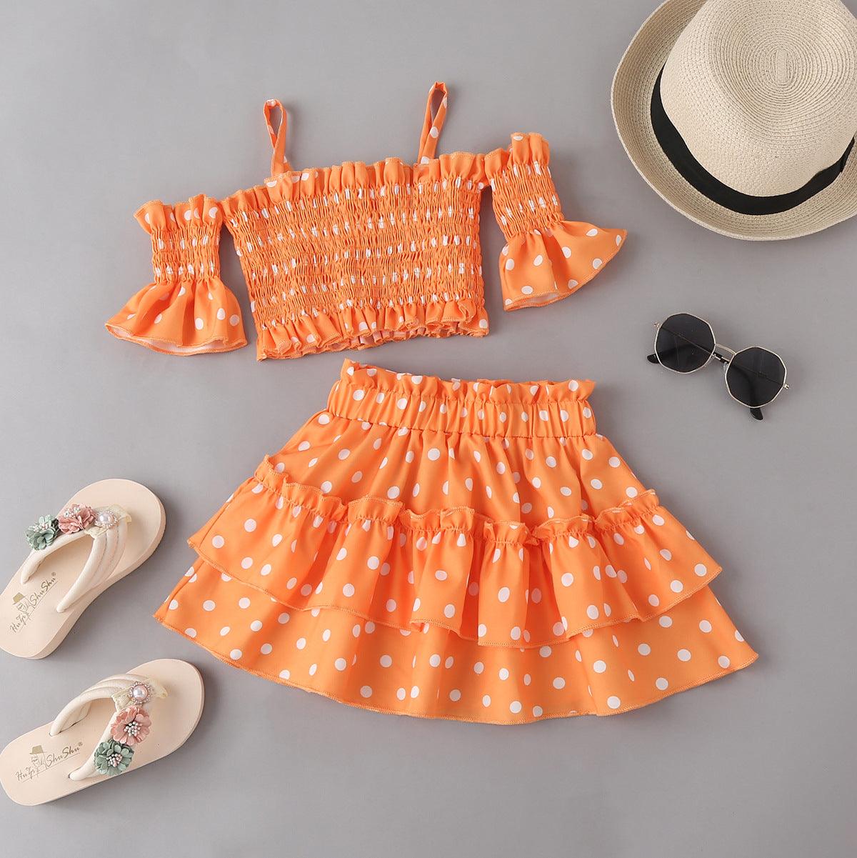 Children Summer Girls Wave Dot Printed Suspender Skirt Set Wholesale Girls Dresses - PrettyKid