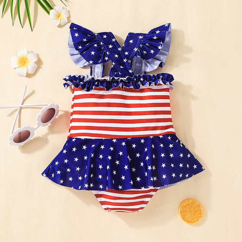 9M-4Y Swimsuits Baby Girl Striped Contrast Panel Independence Day Baby Clothes In Bulk - PrettyKid