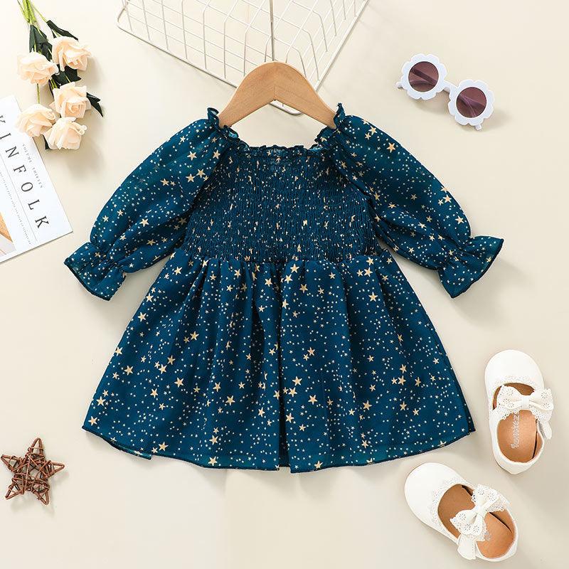 Toddler Kids Star Print Long Sleeve Dress - PrettyKid