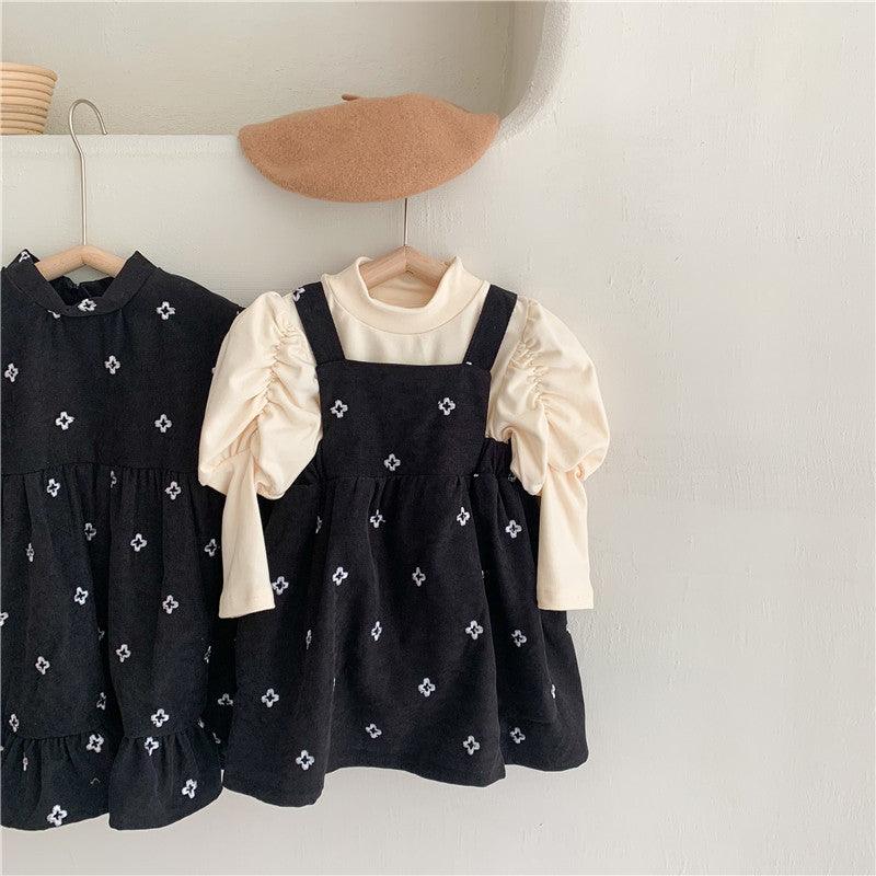 Toddler Kids Girls' Solid Color Embroidered Long Sleeved Padded Dresses - PrettyKid