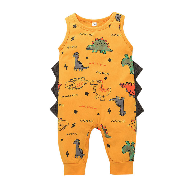 Baby Boys Cartoon Dinosaur Printed Sleeveless Jumpsuit - PrettyKid