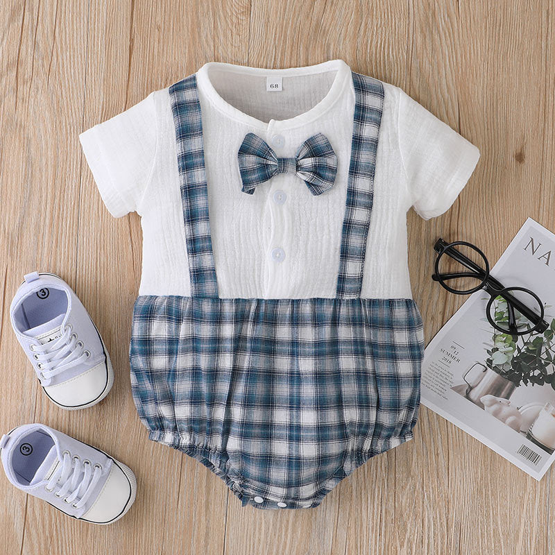 Baby Boys Solid Plaid Print Stitched Short Sleeve Jumpsuit Gentleman Fake Two Piece Triangular Baby Jumpsuit - PrettyKid