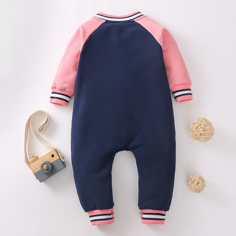 Baby Solid Color Contrast Letter Embroidered Long Sleeve Baseball Jersey Jumpsuit - PrettyKid