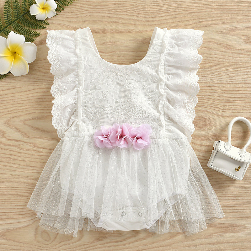 Baby Girls Peach Blossom Lace White Mesh Splicing Jumpsuit - PrettyKid
