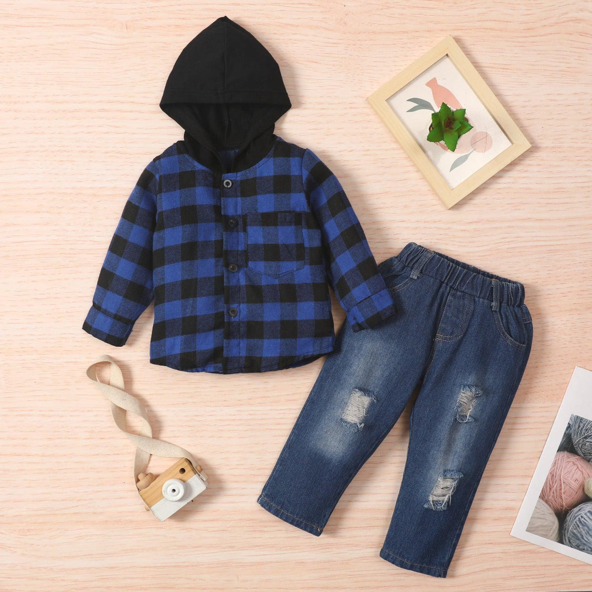 Toddler Boys Plaid Hoodie Long Sleeve Jeans Set Children's Boutique Clothing Vendors - PrettyKid