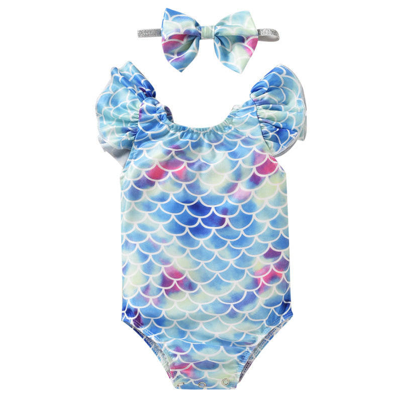 Toddler Girls Fish Scale Printed Jumpsuit Bathing Suit Swimwear - PrettyKid