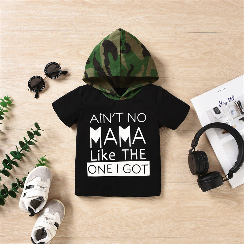 Toddler Boys Solid Letter Print Camouflage Hooded Short Sleeve T-shirt Shorts Set - PrettyKid