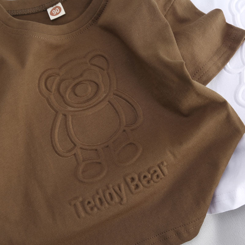 Toddler Kids Boys Solid Color Cute Bear Embossed Cotton Short Sleeve T-Shirt Top - PrettyKid