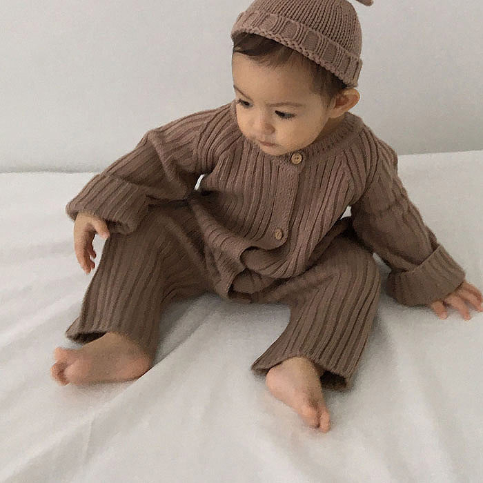 Baby Boys Girls Solid Color Long Sleeved Knitted One-piece Romper - PrettyKid