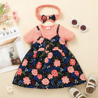 Baby Girls Solid Short Sleeved Jumpsuit Flower Print Suspender Dress Set - PrettyKid