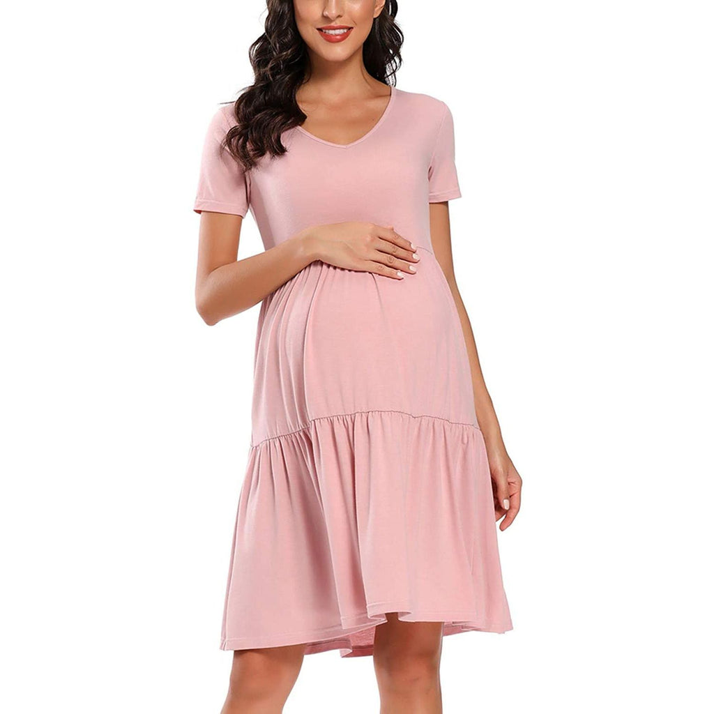 Women's Solid Color Wave Dot Print V-neck Short Sleeve Dress Maternity Dress - PrettyKid