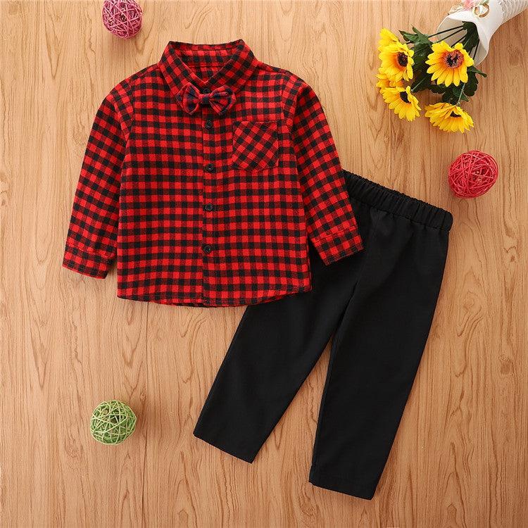 Toddler Kids Boys' Long Sleeve Plaid Shirt Black Pants Set - PrettyKid