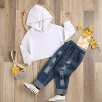 Toddler Kids Girls Long Sleeve Printed Hoodie with Holes Jeans Pants Set - PrettyKid