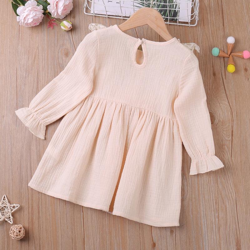 Toddler Kids Girls Solid Lace Bow Long Sleeve Dress - PrettyKid