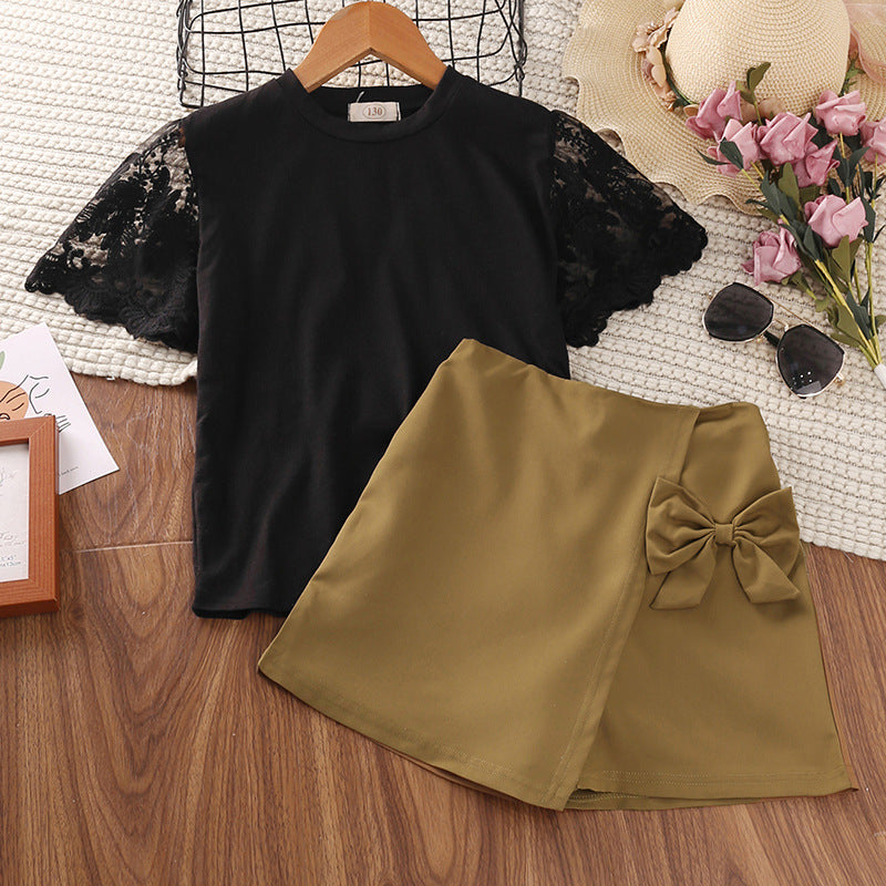 Kids Girls Black Lace Stitched Short Sleeved Top Bow Skirt Suit - PrettyKid