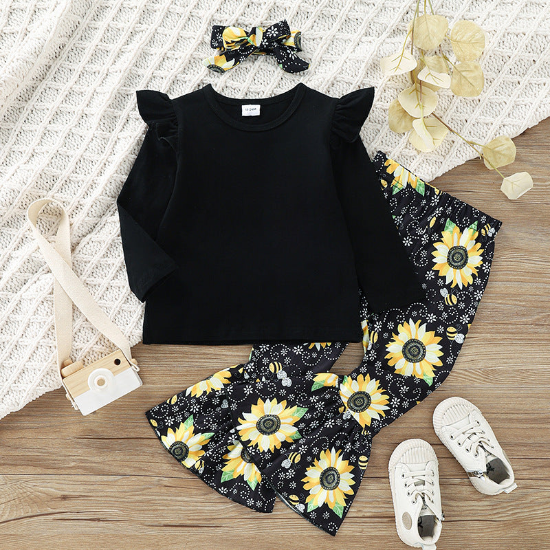 Toddler Kids Girl Solid Color Long-sleeved Tops Floral Print Flared Pants Bow - PrettyKid