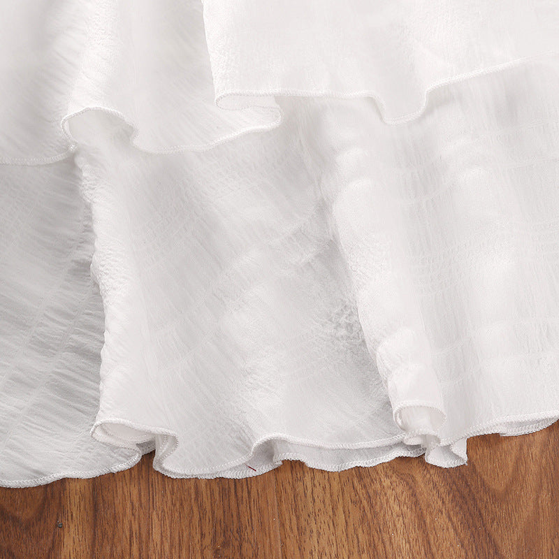 Girls Summer White Strapless Wrinkled Suspender Sleeveless Dress - PrettyKid