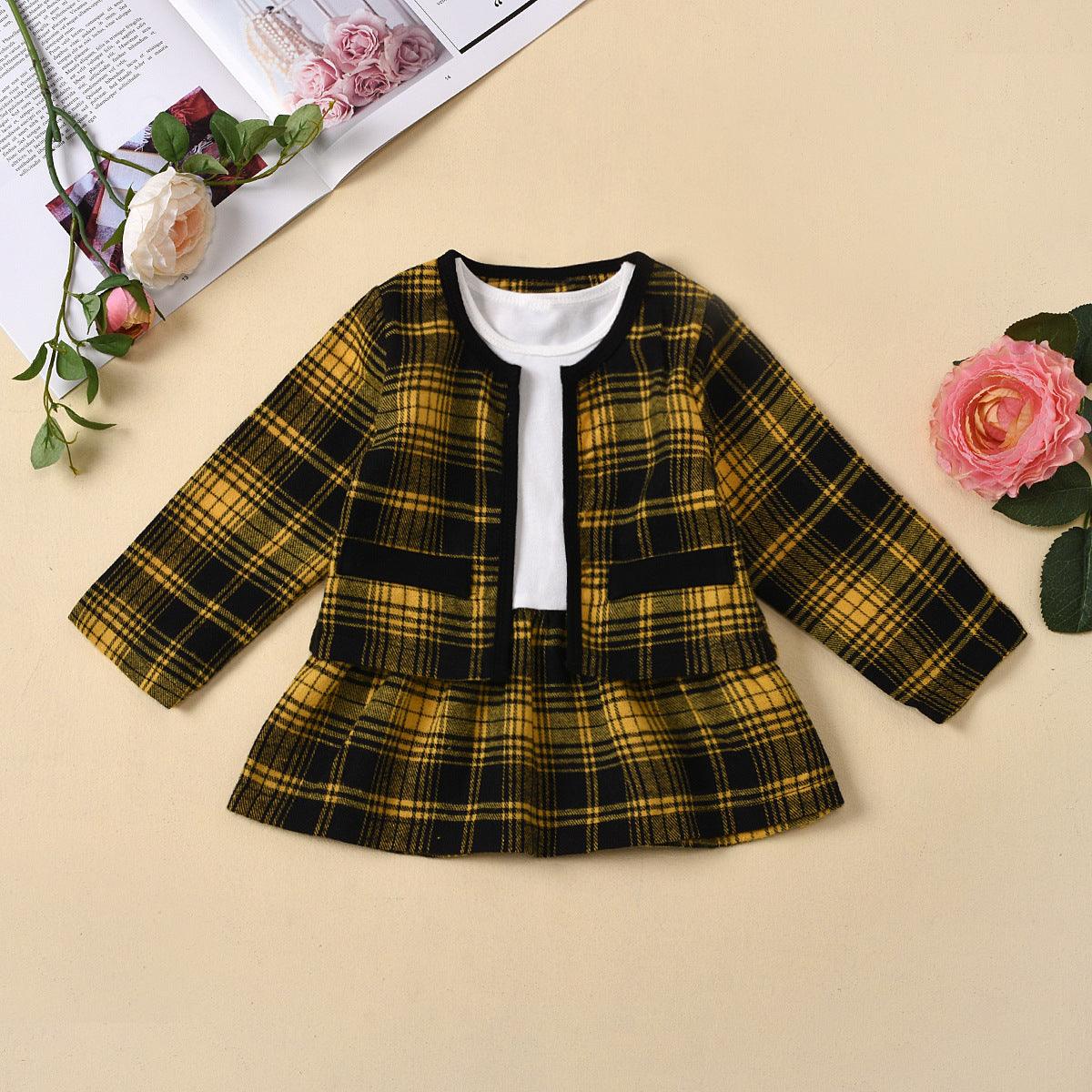 Toddler Kids Girls' Plaid Long Sleeve Coat Dress Two Piece Set - PrettyKid