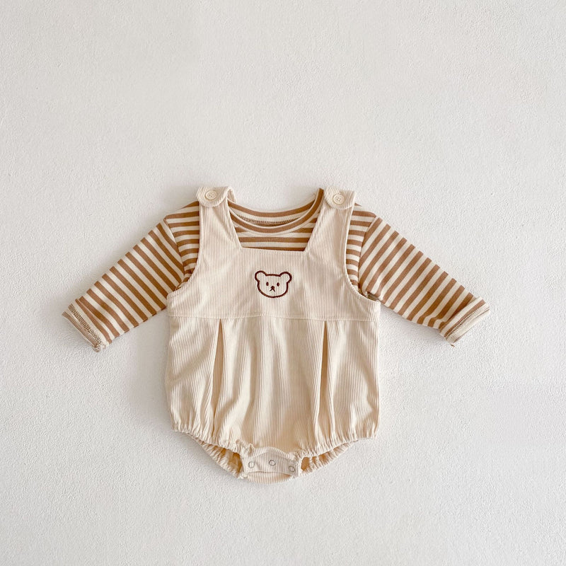 Baby Boys Girls Striped Long Sleeved T-shirt Teddy Bear Embroidered Shoulder Strap One-piece Suit - PrettyKid