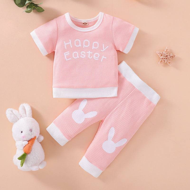 Toddler Girls Solid Waffle Letter Print Short Sleeve Top Bunny Head Trousers Set - PrettyKid
