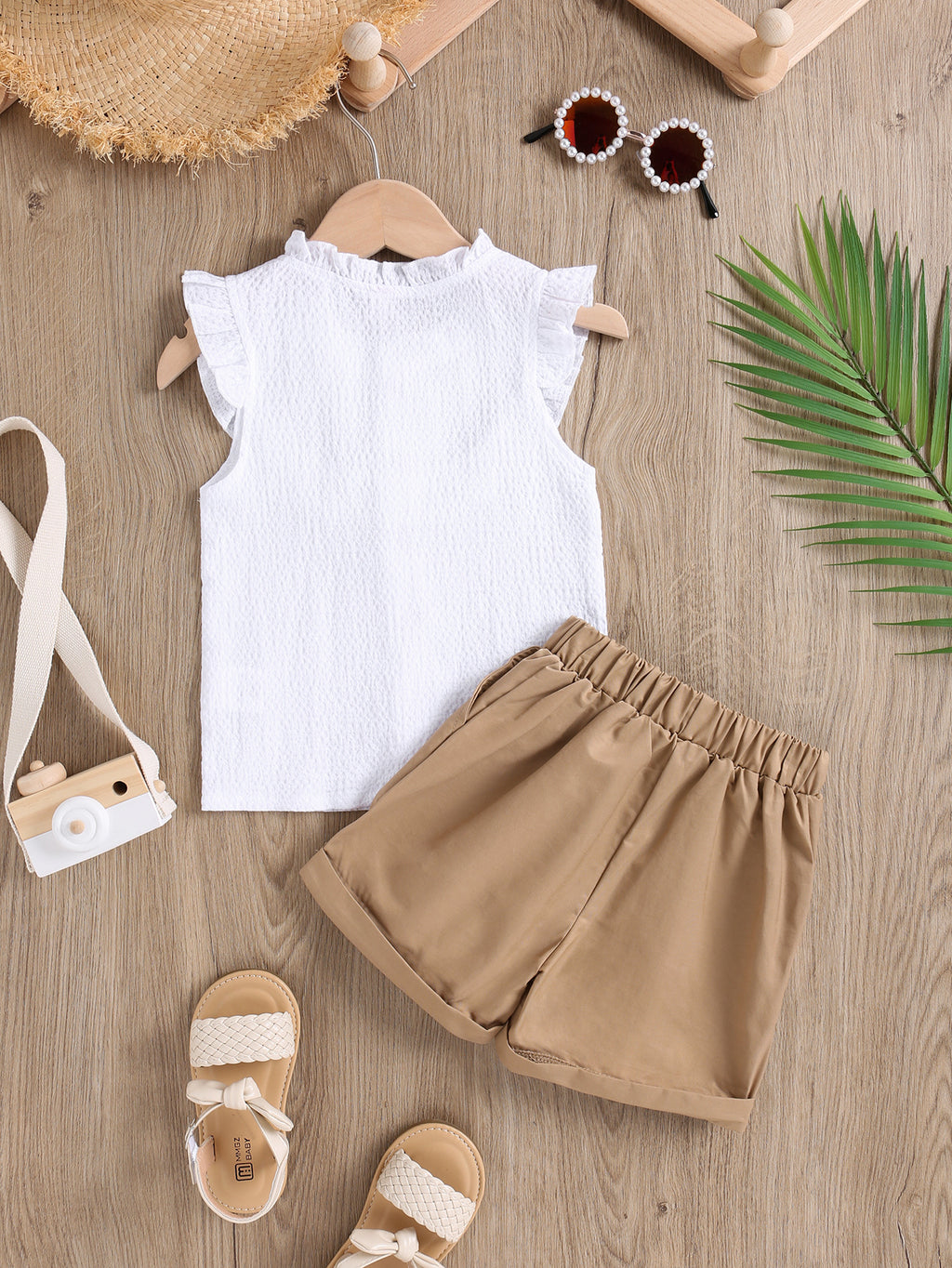 Pure hemp cotton fly sleeve top+woven shorts girls' suit two-piece set