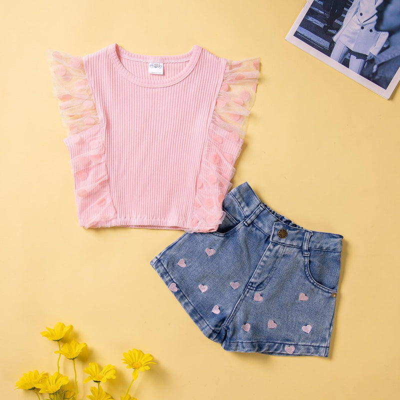 Girls' Suit Casual Clothes Sleeveless Pink Top Denim Shorts Two Pieces - PrettyKid