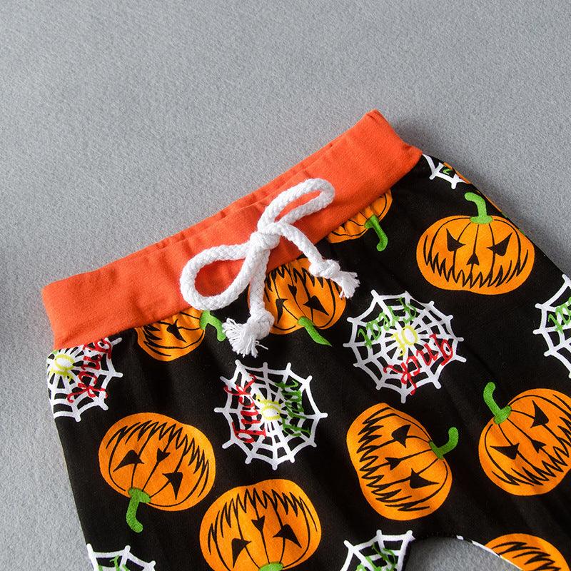 Baby Girls Halloween Pumpkin Print Long Sleeve Jumpsuit Two Piece Set - PrettyKid