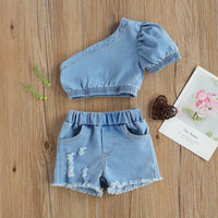 Toddler Kids Girls Diagonal Collar One Shoulder Denim Short Sleeve Suit - PrettyKid