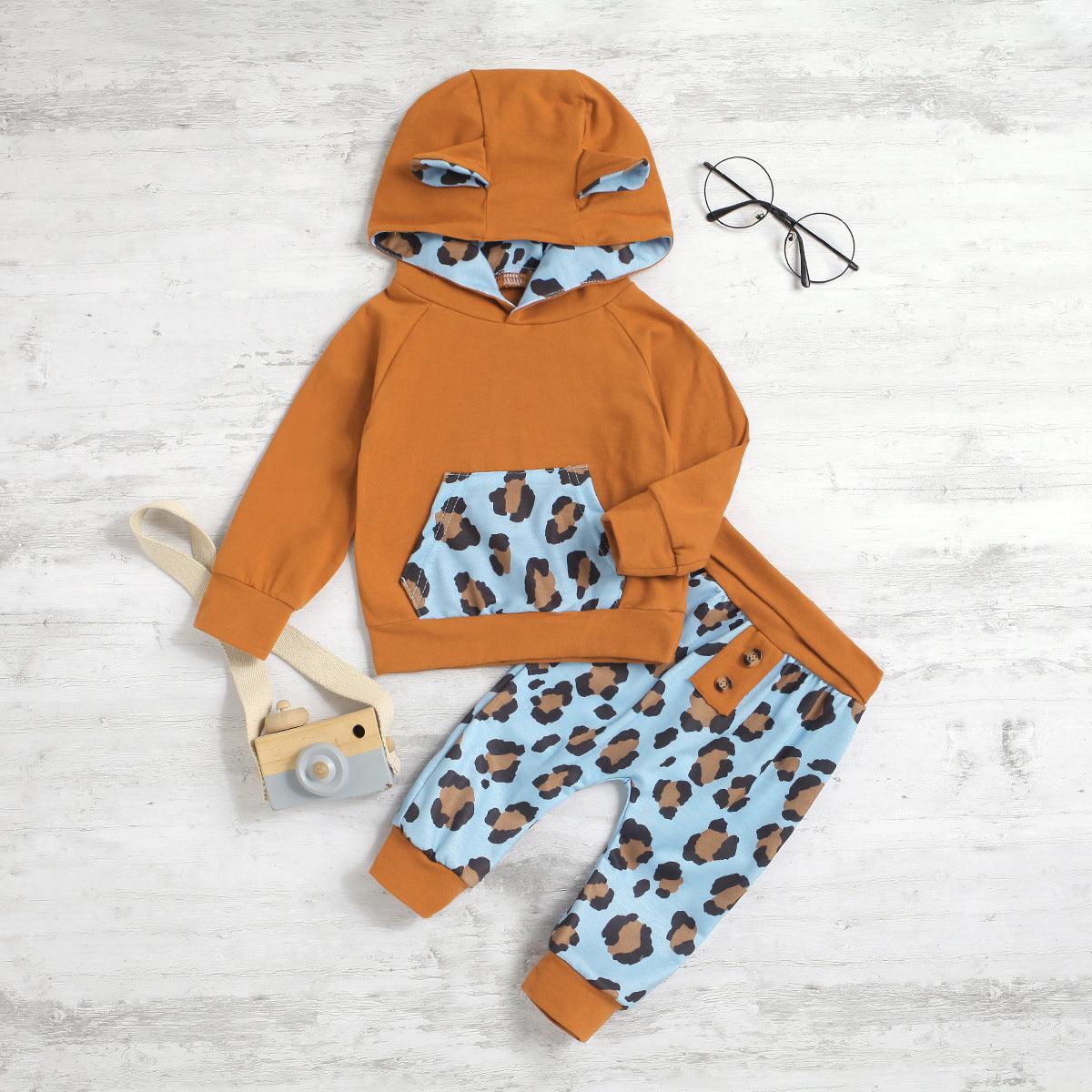 Toddler Boys Girls Cute Little Ear Hoodie Leopard Pants Set - PrettyKid