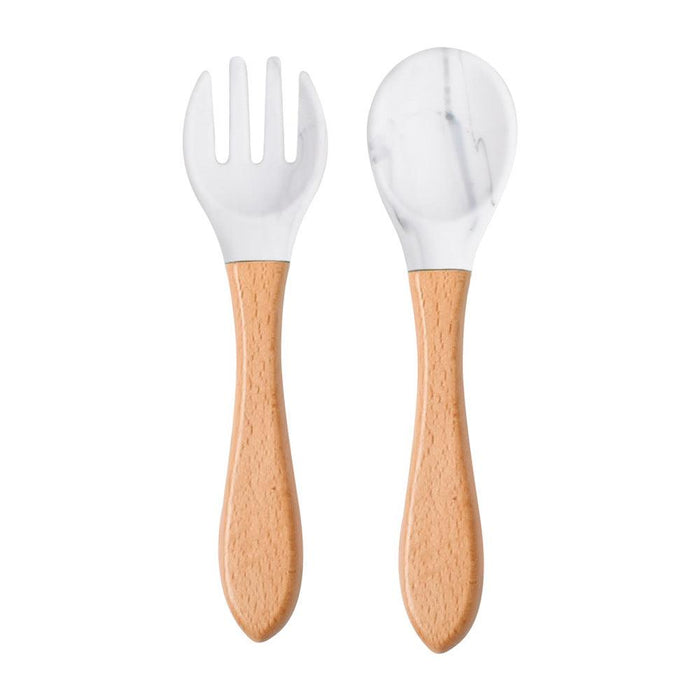 Children's Wooden Handle Silicone Spoon Fork Tableware - PrettyKid