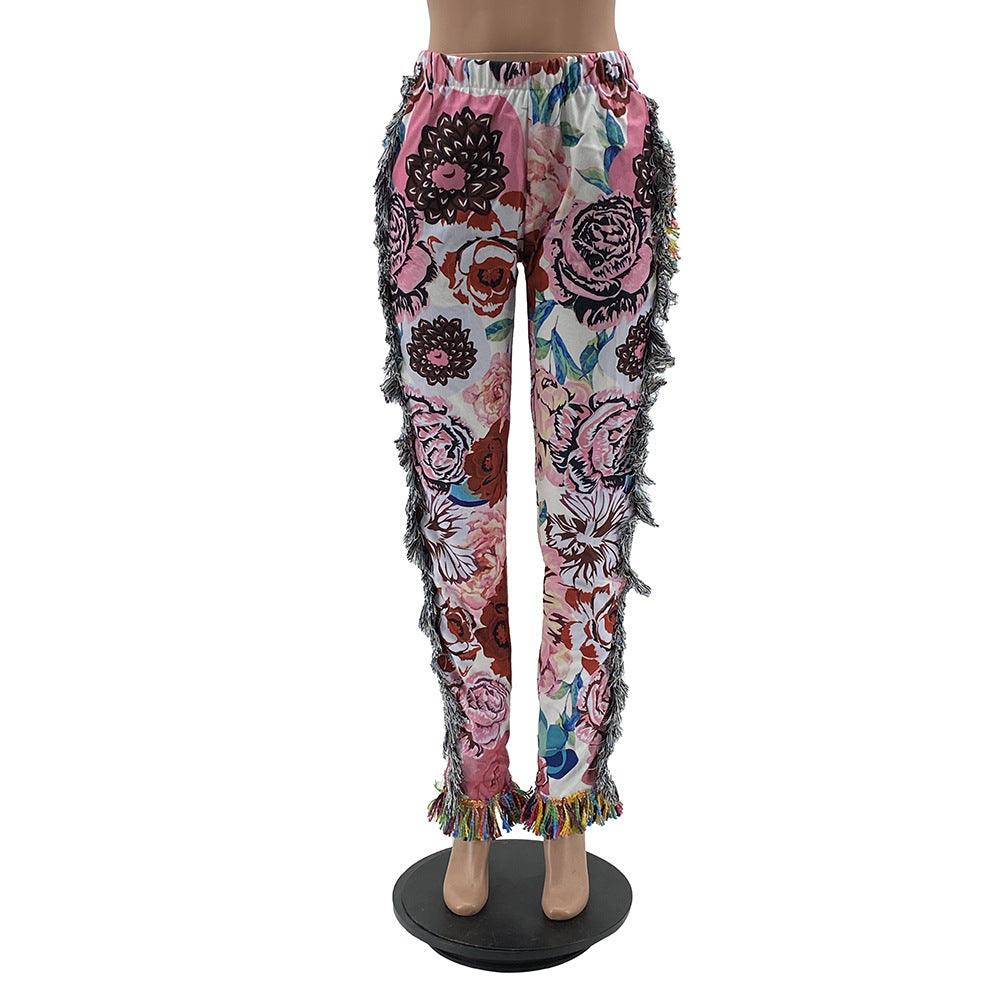 Women's Colorful Fringed Flannel Pants- Rose - PrettyKid