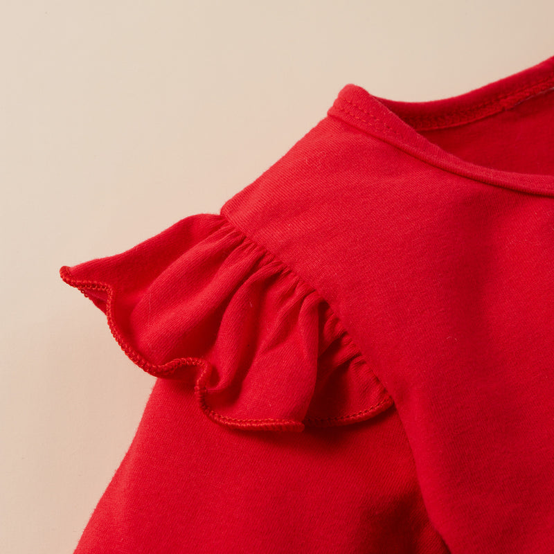 Toddler Kids Girl Red Round Neck Long Sleeve Top Plaid Love Printed Suspender Skirt Set - PrettyKid