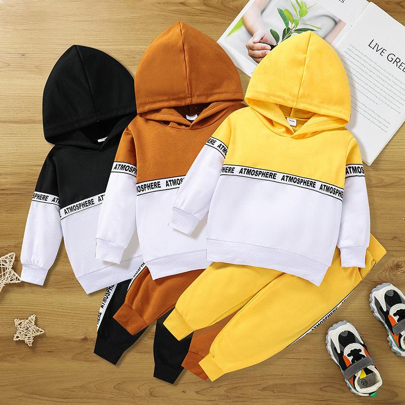 Toddler Kids Boys Solid Color Letters Patchwork Hooded Long Sleeved Suit - PrettyKid